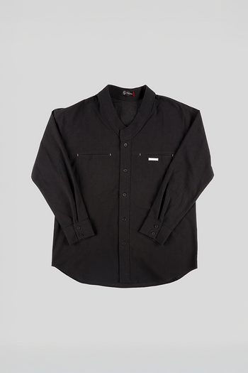 Black casual Hanbok Mokpan collar shirt by Ahhorn, displayed on a mannequin, featuring traditional-inspired design and comfortable fit.