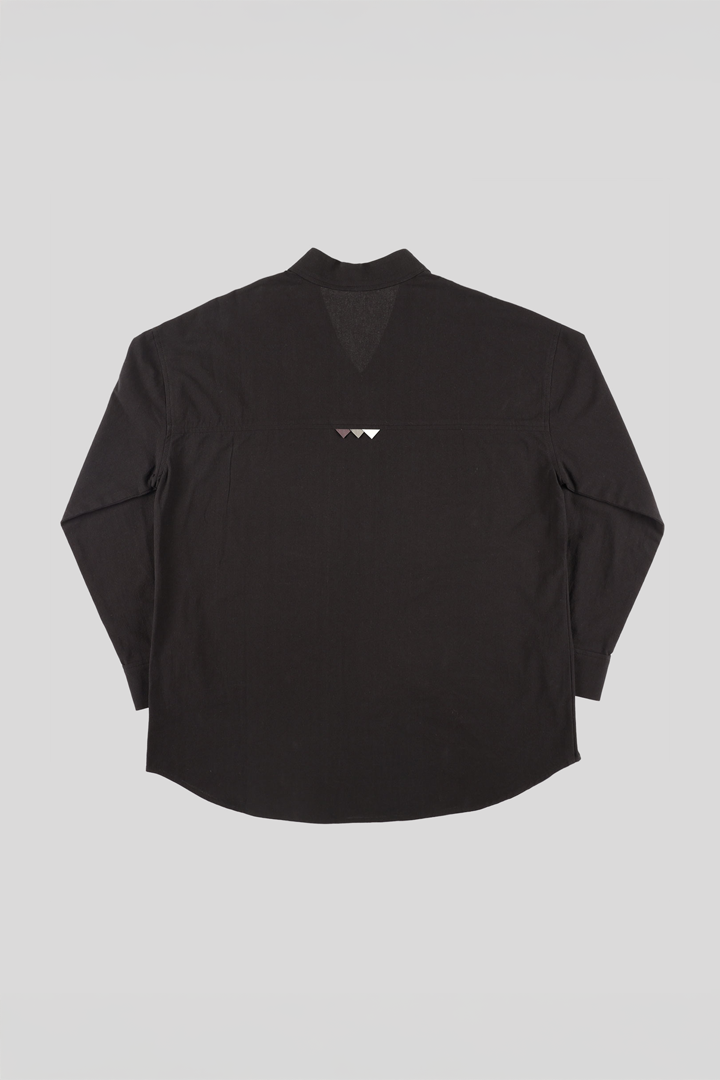 Black casual Hanbok Mokpan collar shirt by Lee Jun Won, made by Ahhorn, featuring traditional-inspired design and comfortable fit.