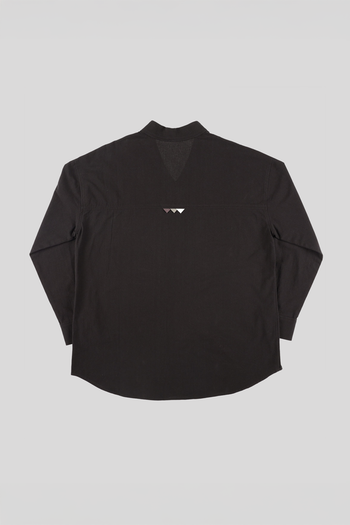 Black casual Hanbok Mokpan collar shirt by Lee Jun Won, made by Ahhorn, featuring traditional-inspired design and comfortable fit.