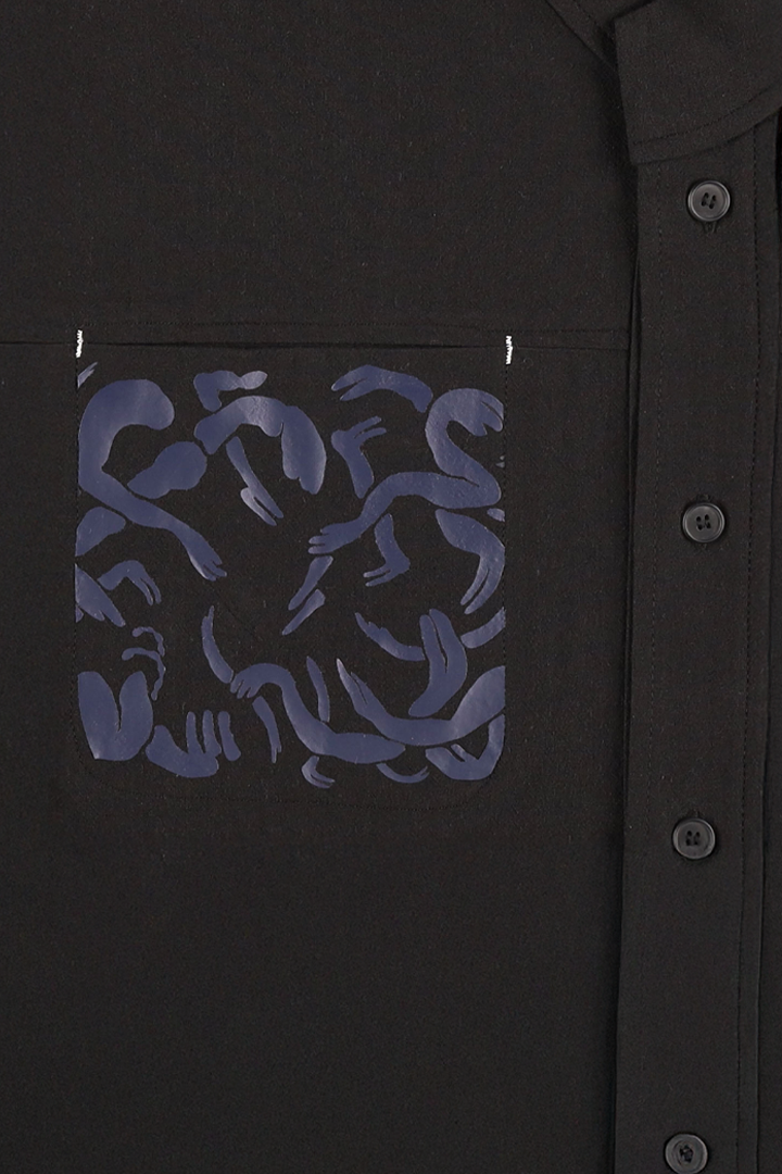 Black casual hanbok Mokpan collar shirt by Lee Jun Won for Ahhorn, featuring traditional-inspired design and comfortable fit.