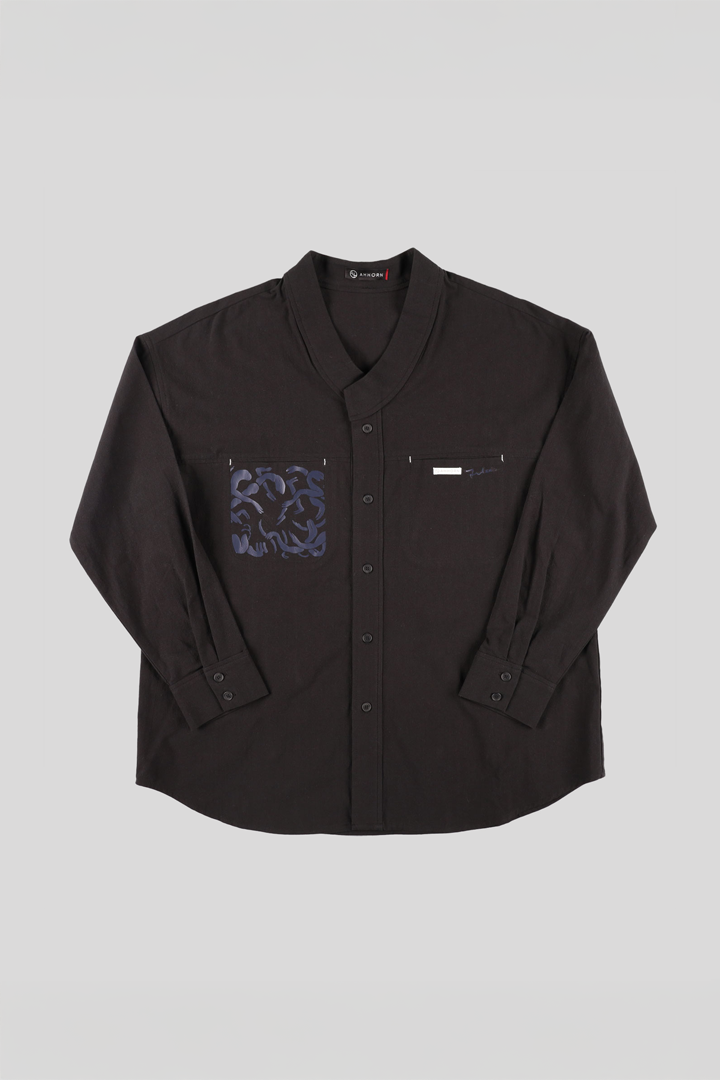 Black casual Hanbok Mokpan collar shirt by Lee Jun Won, made by Ahhorn, featuring traditional-inspired design and comfortable fit.