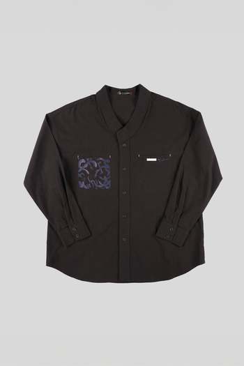 Black casual Hanbok Mokpan collar shirt by Lee Jun Won, made by Ahhorn, featuring traditional-inspired design and comfortable fit.