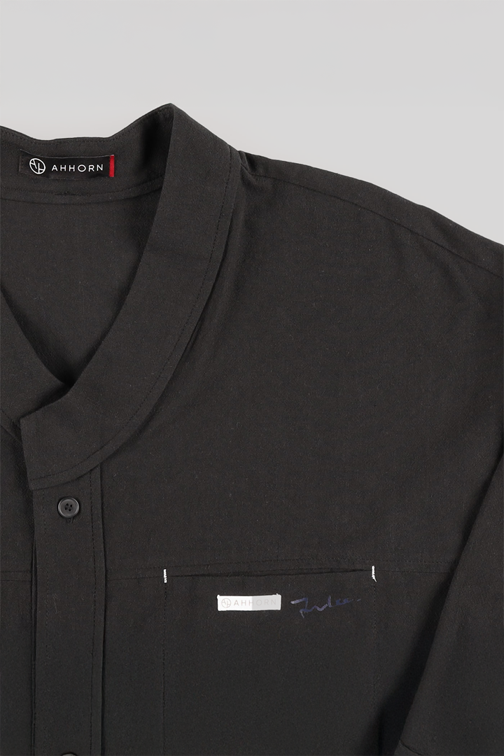 Black casual Hanbok Mokpan collar shirt by Lee Jun Won, made by Ahhorn, featuring traditional-inspired design and comfortable fit.