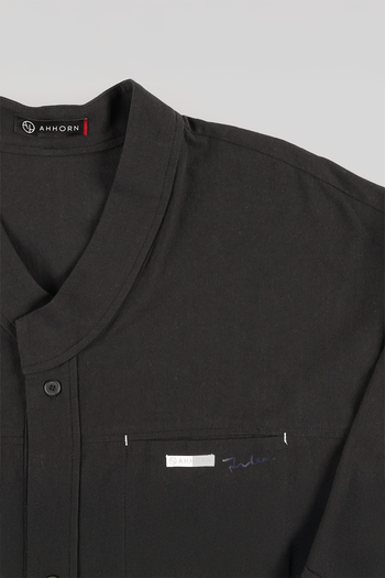 Black casual Hanbok Mokpan collar shirt by Lee Jun Won, made by Ahhorn, featuring traditional-inspired design and comfortable fit.
