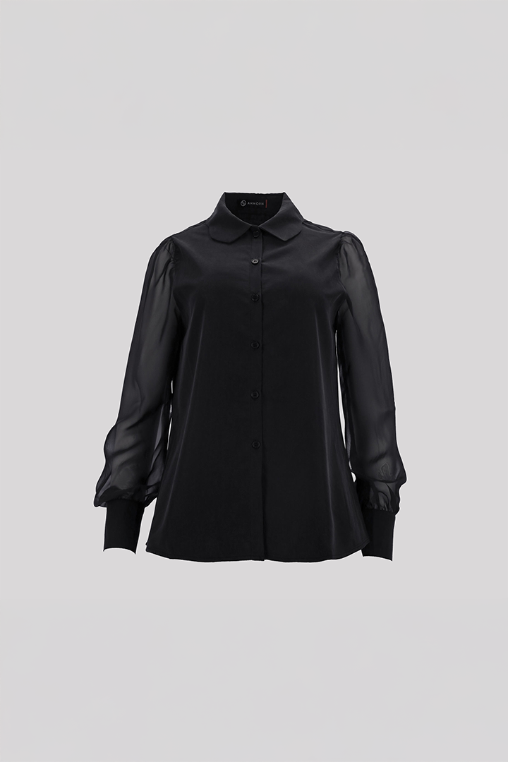 Black tile-shaped curved chiffon blouse by Ahhorn, stylish shirt with unique pattern and flowy fabric, one size fits most.