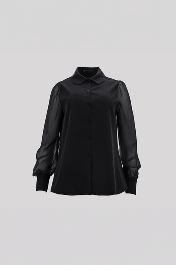 Black tile-shaped curved chiffon blouse by Ahhorn, stylish shirt with unique pattern and flowy fabric, one size fits most.