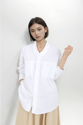 White women's casual hanbok Mokpan collar shirt by Ahhorn, featuring traditional-inspired design and comfortable fit.