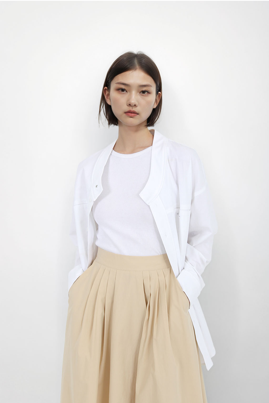 White casual Hanbok Mokpan collar shirt for women by Ahhorn, lightweight and comfortable traditional-inspired clothing.