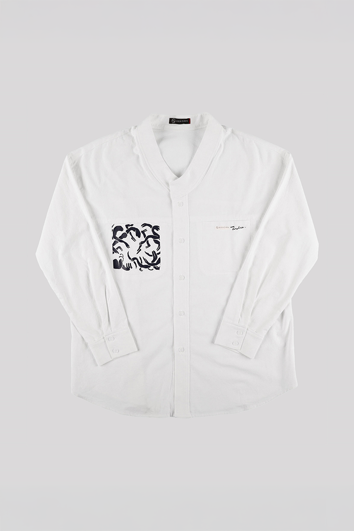 White casual Hanbok Mokpan collar shirt by Lee Jun Won for Ahhorn, featuring traditional-inspired design and comfortable fit.