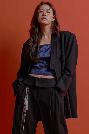 Black women's Korean traditional collar blazer by CCOMAQUE featuring a classic tailored design and elegant style.
