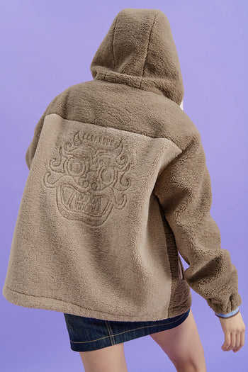 Black CCOMAQUE Gwimyeon hooded zip-up jacket for women, shown in a front view with a hood and full zip closure.