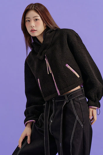 Black Gwimyeon pattern crop Jeogori jacket by CCOMAQUE, featuring traditional Korean design with a stylish, fitted silhouette.