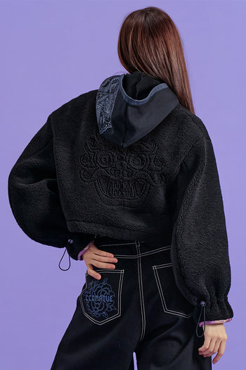 Black Gwimyeon pattern crop Jeogori jacket by CCOMAQUE, featuring traditional design and one-size fit, shown on a model.