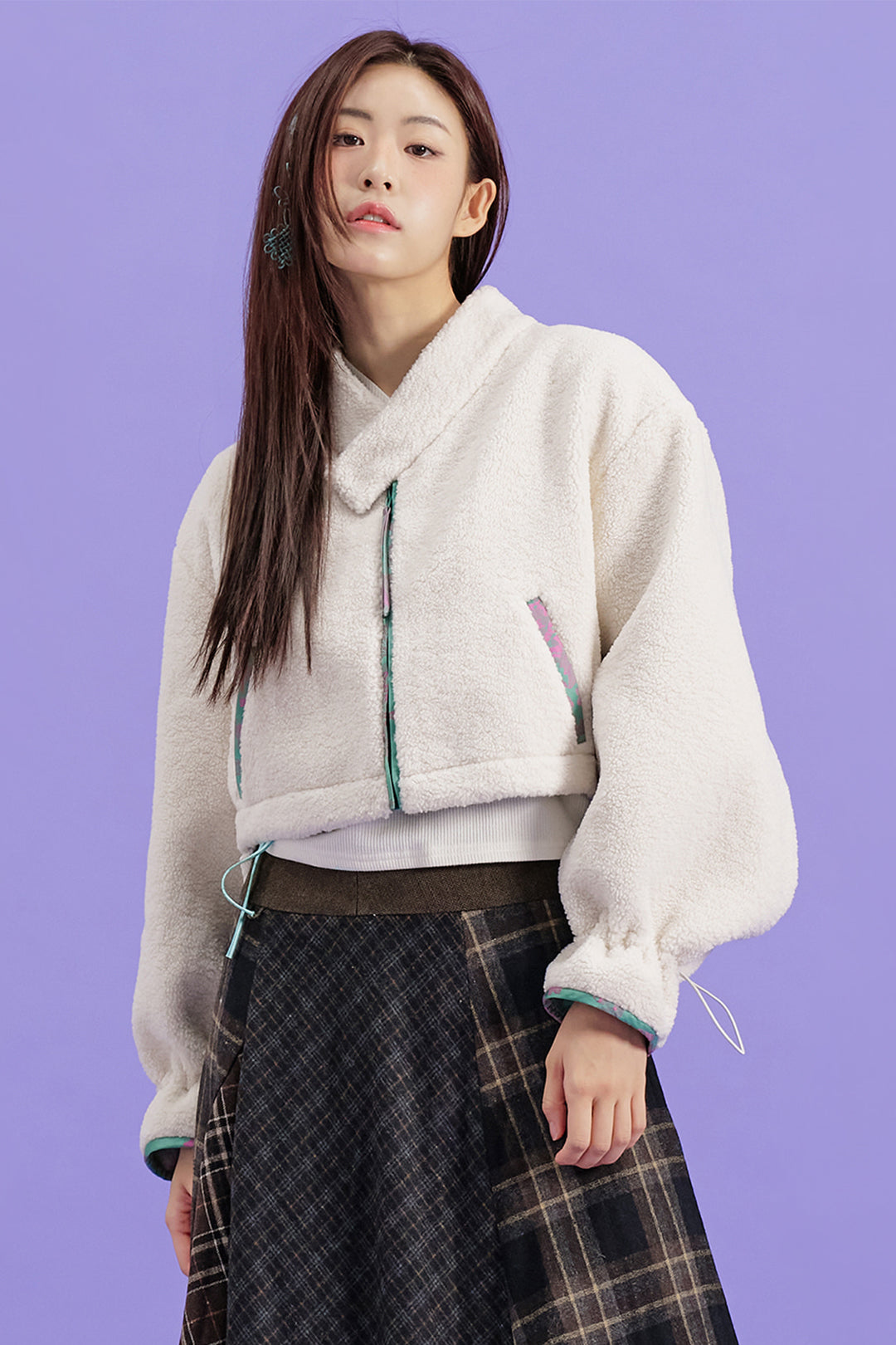 Black Gwimyeon pattern crop Jeogori jacket by CCOMAQUE, featuring traditional design and one-size-fits-all fit.