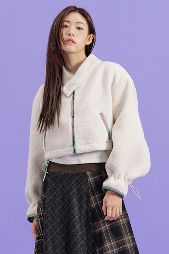 Black Gwimyeon pattern crop Jeogori jacket by CCOMAQUE, featuring traditional design and one-size-fits-all fit.