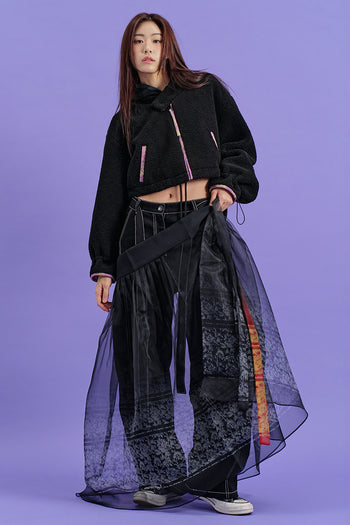 Black Gwimyeon Pattern Crop Jeogori jacket by CCOMAQUE, featuring traditional Korean design with a modern cropped fit.