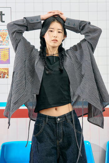 Pink lattice-pattern long Jeogori shirt for women by CCOMAQUE, featuring traditional Korean style and a relaxed fit.