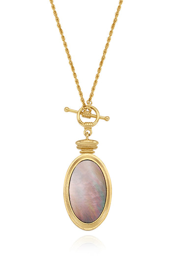 Silver Chambriller necklace featuring a compass pendant and mother of pearl accents, showcasing elegant jewelry design.