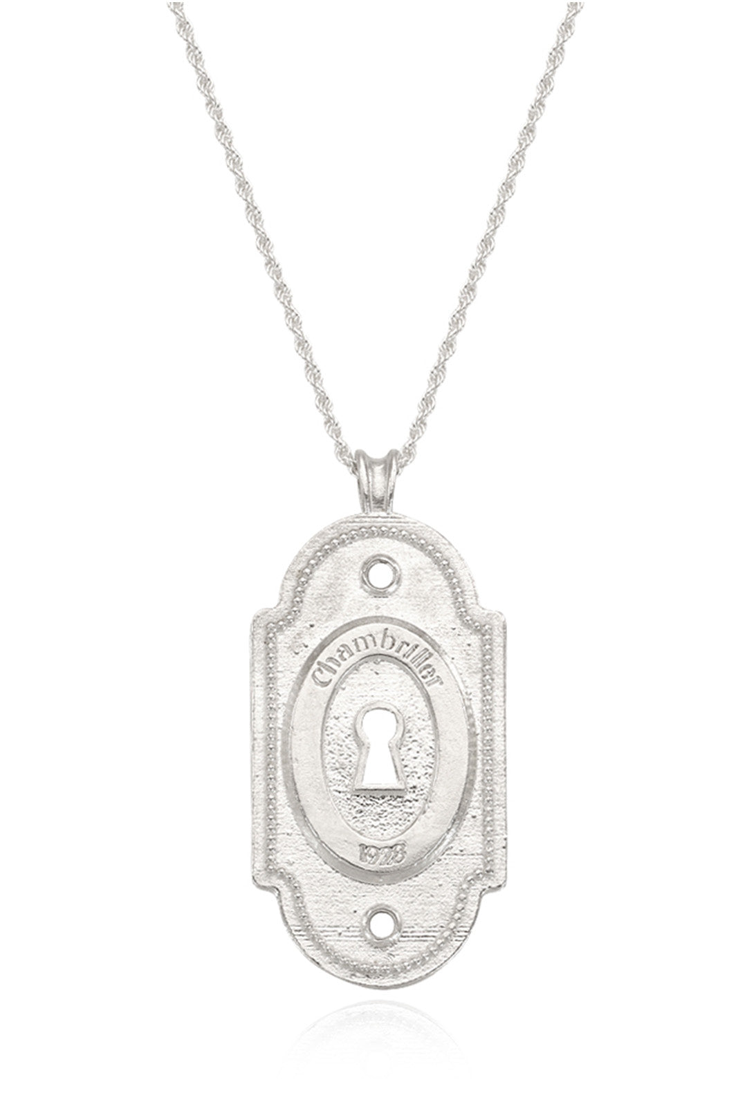 Silver lock pendant necklace by Chambriller featuring a sleek design, worn on a chain with a shiny silver finish.