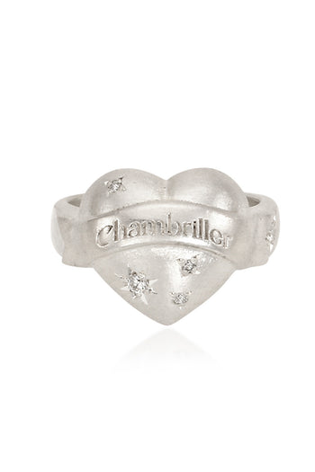 Multi-color heart silver ring by Chambriller featuring a silver band with vibrant heart-shaped design.