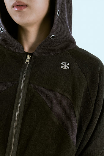 Bound Waffle Reversed Raglan Hood Zip-Up Black