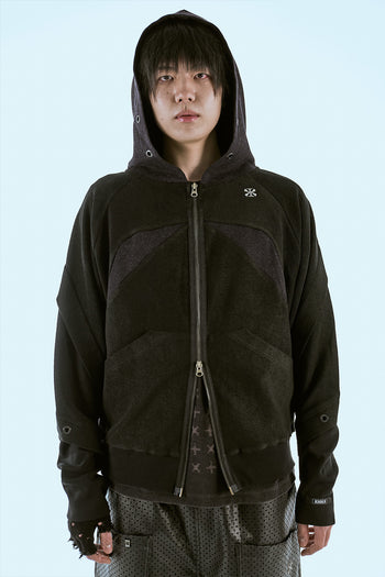 Bound Waffle Reversed Raglan Hood Zip-Up Black