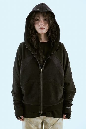 Bound Waffle Reversed Raglan Hood Zip-Up Black