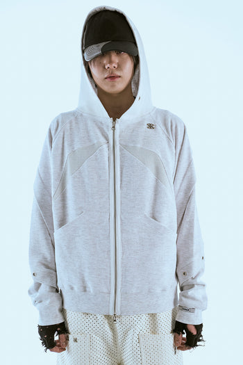 Bound Waffle Reversed Raglan Hood Zip-Up Melange White
