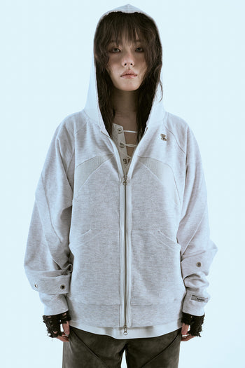 Bound Waffle Reversed Raglan Hood Zip-Up Melange White