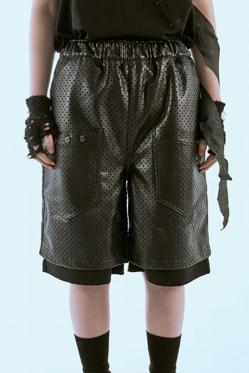 Leather Dagger Punched Layered Shorts Black