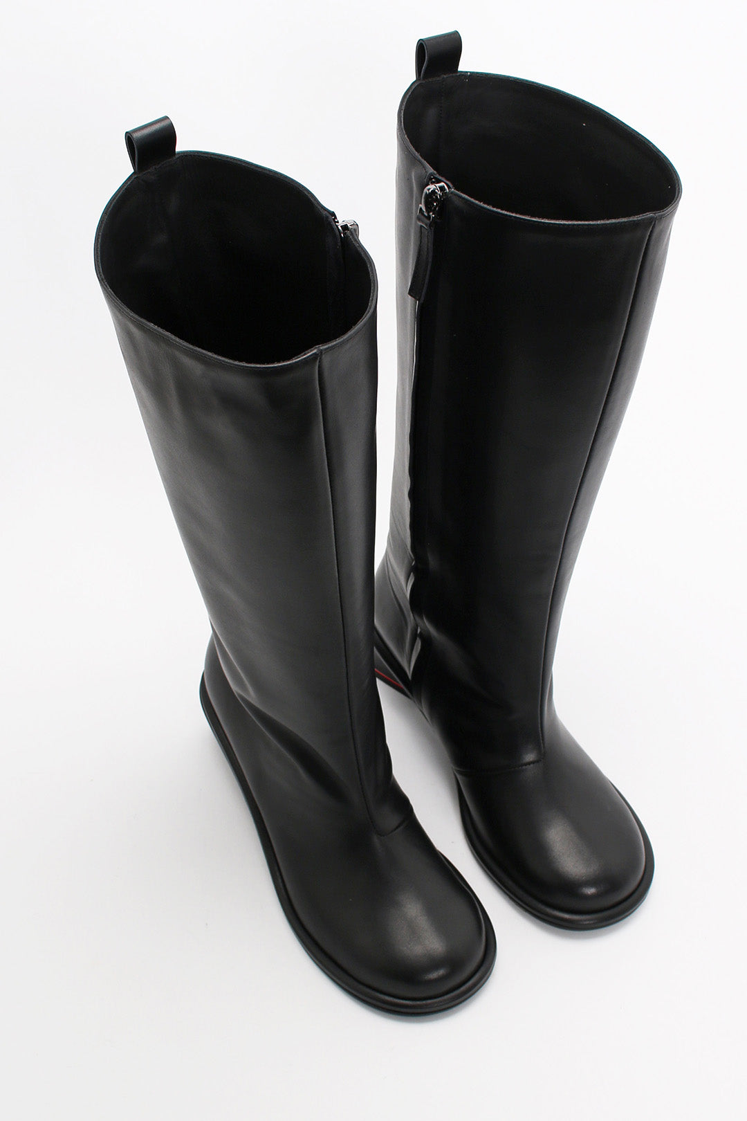 Black Moon Long Boots by Finoacinque, featuring knee-high design with sleek leather finish and stylish round toe.