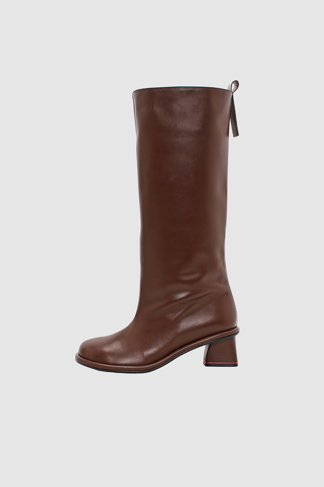 Finoacinque Moon Long Boots in brown leather with a sleek, tall design and rounded toe, stylishly showcased in the image.