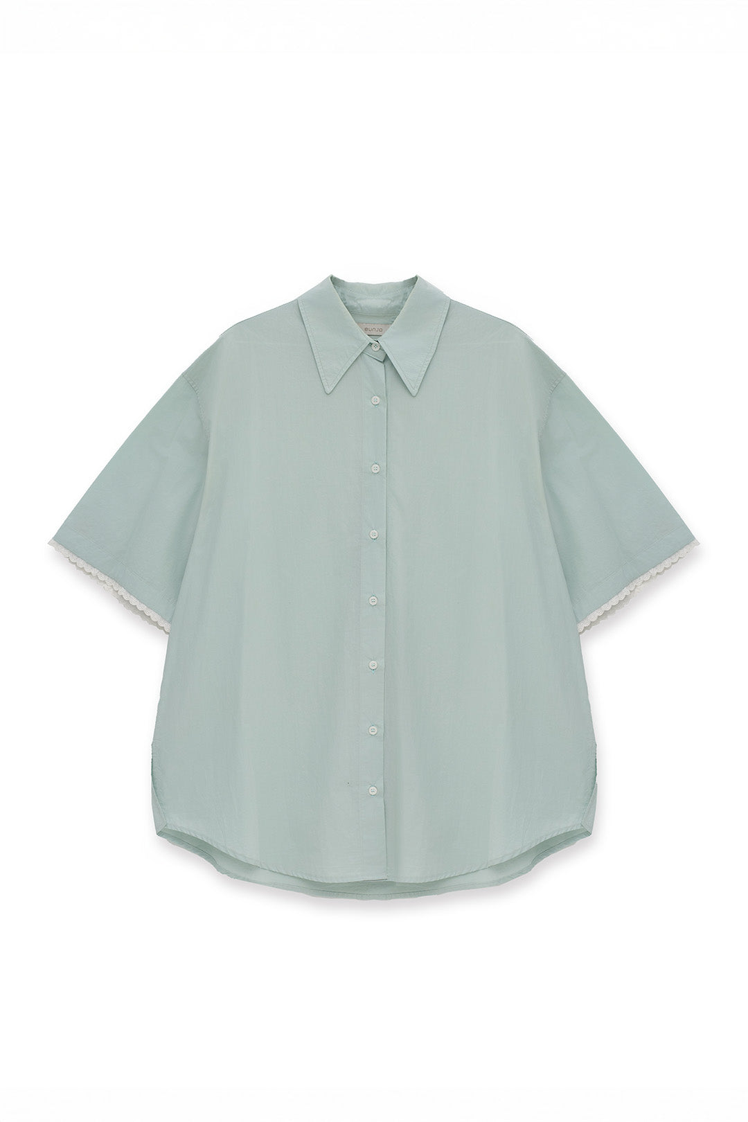 EUNJO Icing oversized sky blue shirt with relaxed fit, featuring bold icing graphic design on front.
