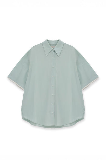 EUNJO Icing oversized sky blue shirt with relaxed fit, featuring bold icing graphic design on front.