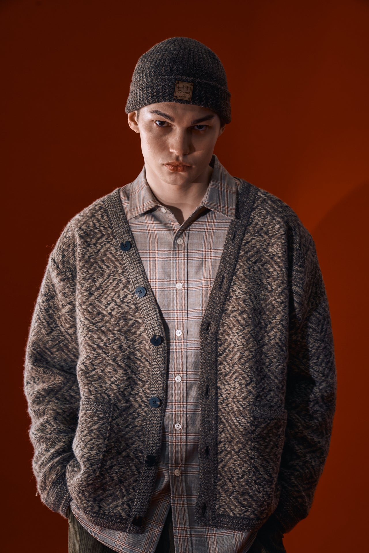 Brown IOEDLE flowing landscape short beanie, soft knit fabric, snug fit, stylish for casual wear