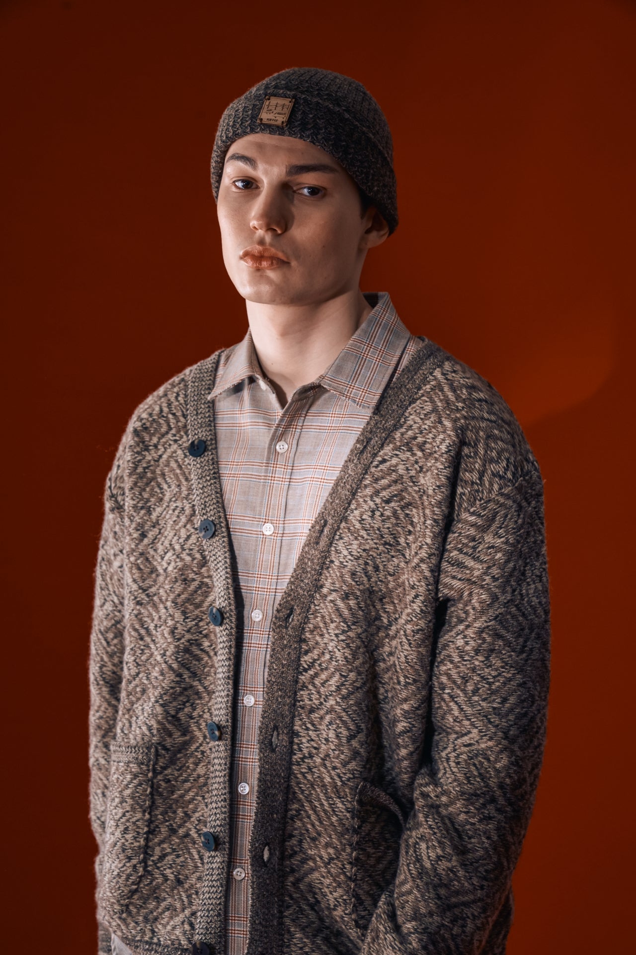 Brown IOEDLE flowing landscape short beanie, snug and stylish knit hat with a natural landscape pattern, ideal for casual wear.