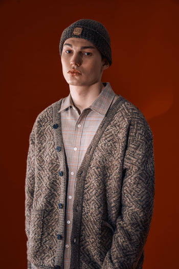 Brown IOEDLE flowing landscape short beanie, snug and stylish knit hat with a natural landscape pattern, ideal for casual wear.