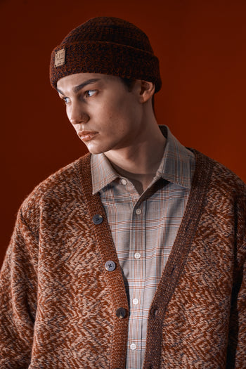 Red and brown flowing landscape short beanie by IOEDLE, knit fabric with a snug fit and casual style.
