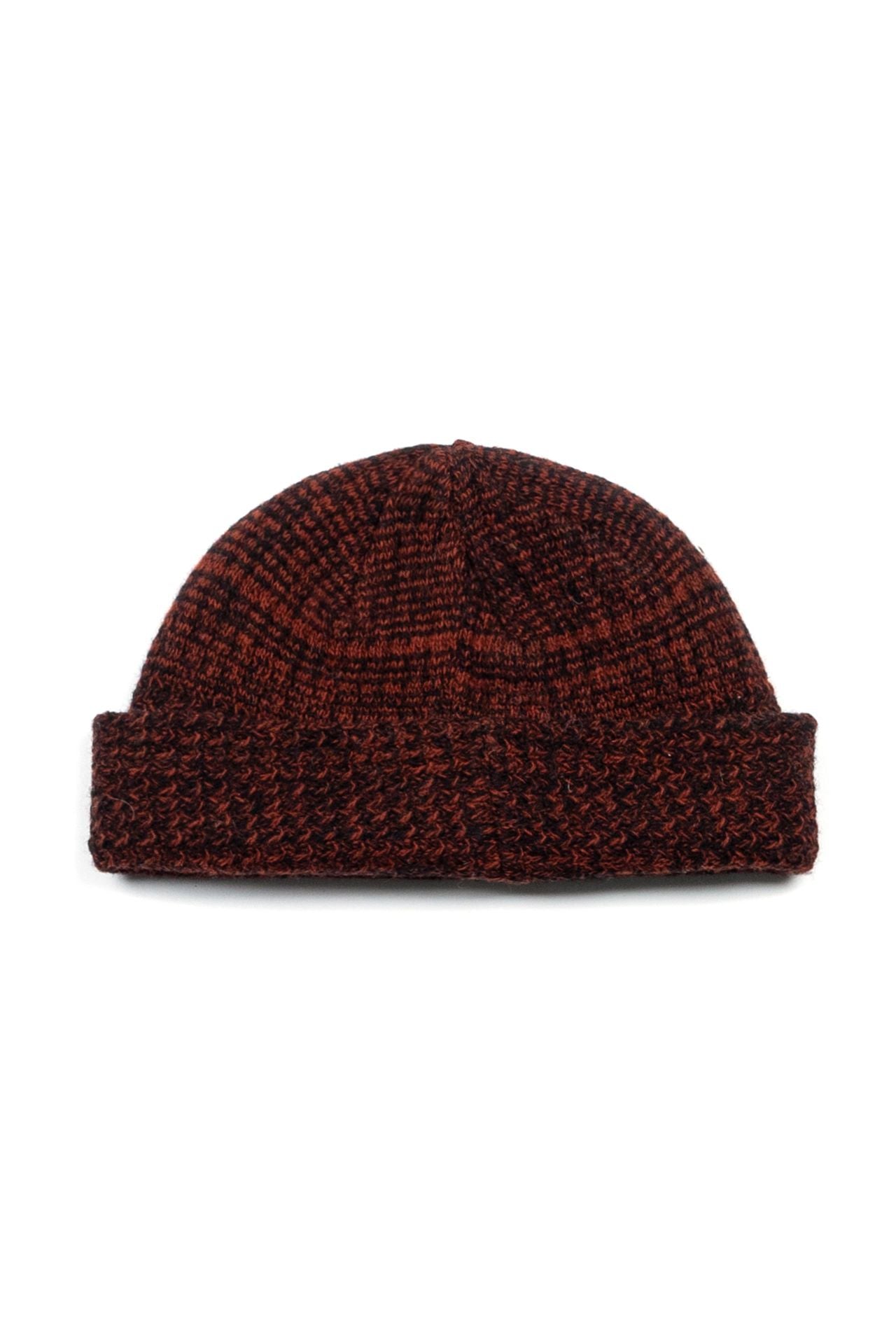Red and brown flowing landscape pattern beanie by IOEDLE, made of soft fabric, in a short, snug fit.
