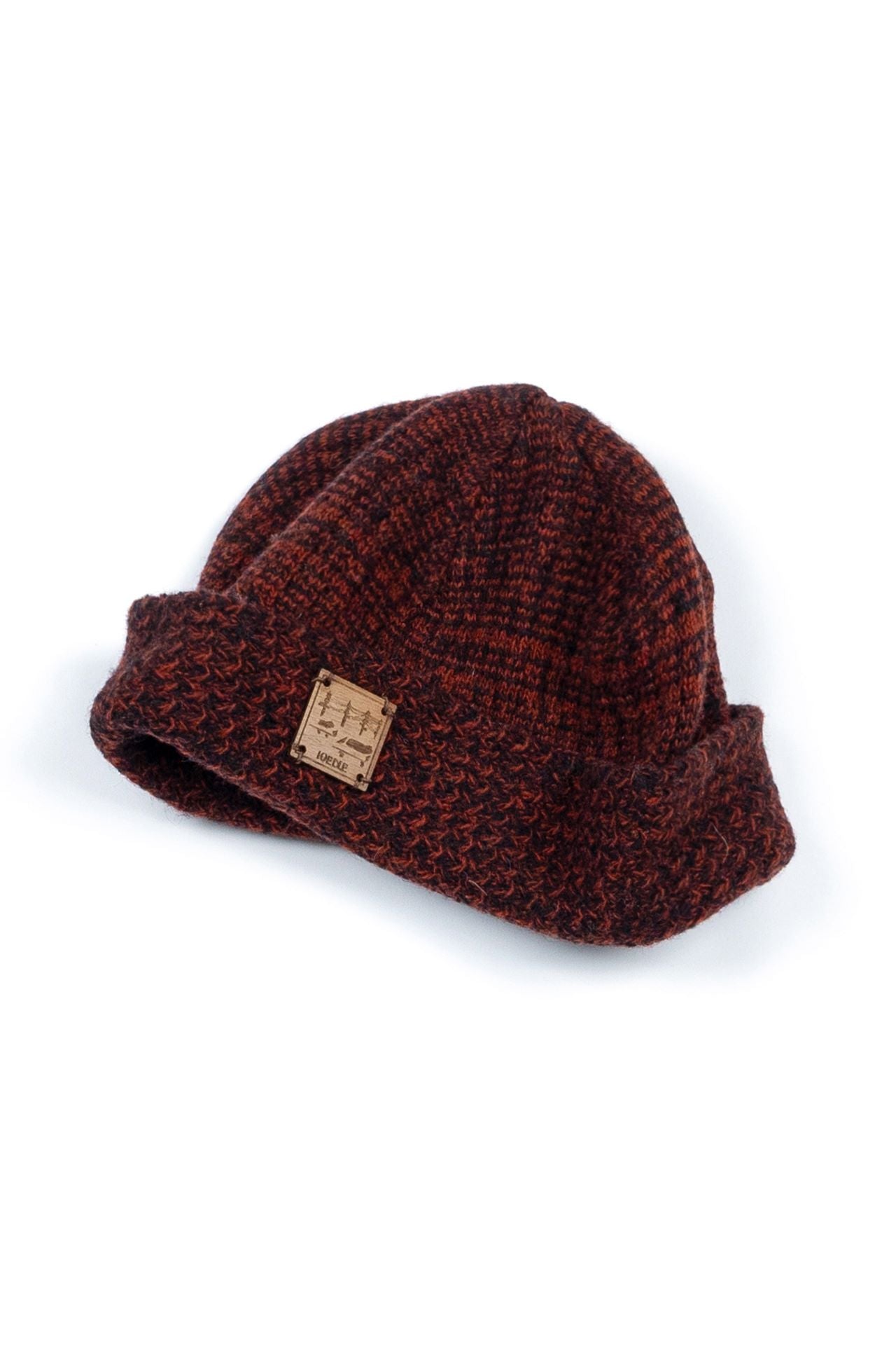 Red and brown flowing landscape pattern beanie by IOEDLE, made of soft fabric, in a short, snug fit.