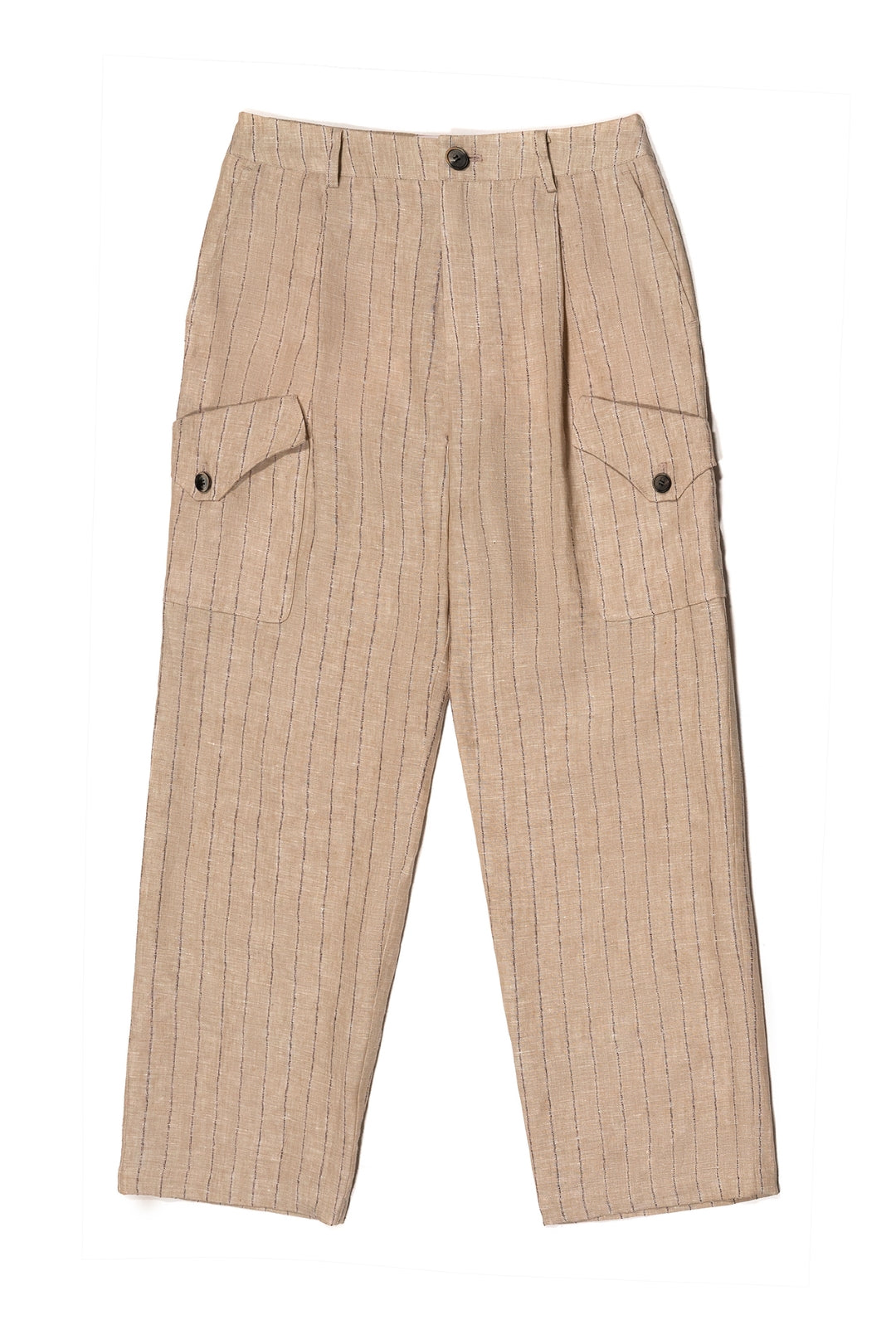 Beige linen cargo pants by IOEDLE, showing the relaxed fit and multiple cargo pockets on the bottoms.