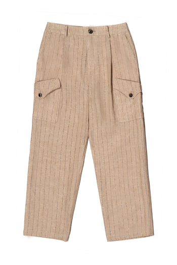 Beige linen cargo pants by IOEDLE, showing the relaxed fit and multiple cargo pockets on the bottoms.