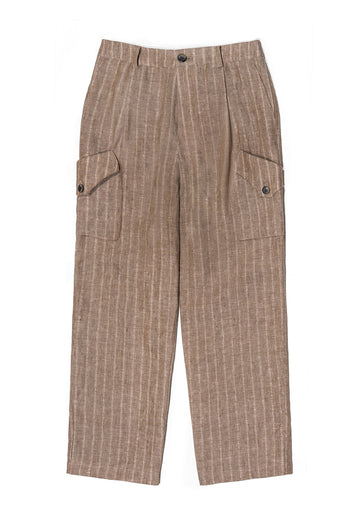 Brown linen cargo pants by IOEDLE, featuring a relaxed fit and multiple cargo pockets, shown on a model.