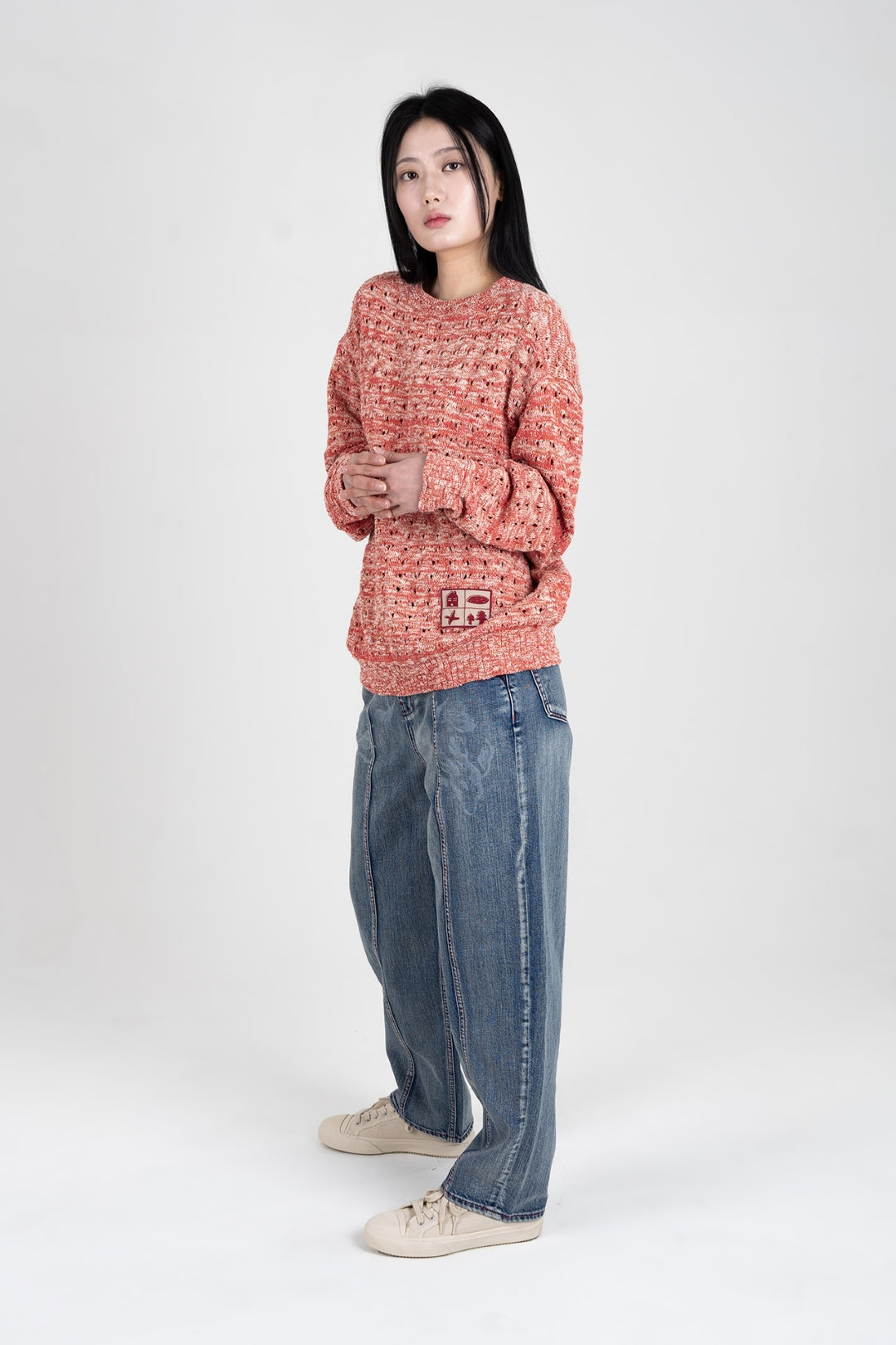 IOEDLE Koi Lake Denim Pants, stylish blue denim bottoms with a relaxed fit, featuring classic five-pocket design.