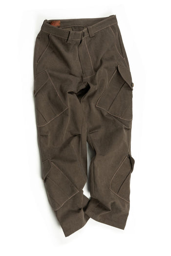 Brown Dirt Cargo Pants by IOEDLE, styled as a rugged jacket with multiple cargo pockets for outdoor wear and utility.