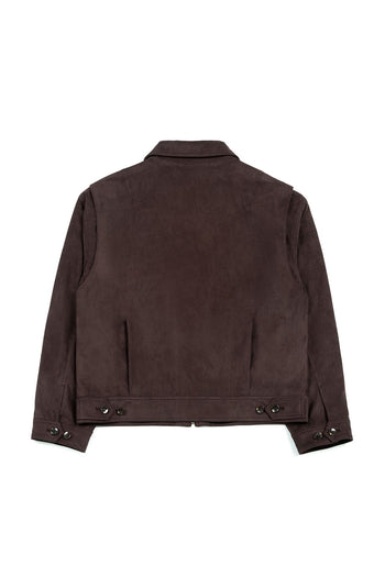 Brown IOEDLE Headlight Jacket displayed on a mannequin, featuring a stylish design with a front zipper and adjustable collar.