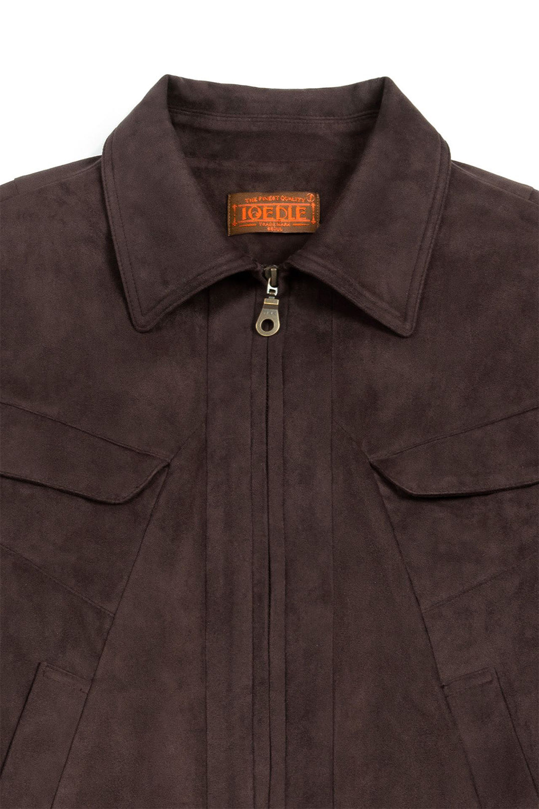 Brown IOEDLE Headlight Jacket with front zipper and stand collar, shown on a hanger. Stylish and versatile men's outerwear.