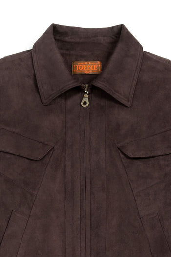 Brown IOEDLE Headlight Jacket with front zipper and stand collar, shown on a hanger. Stylish and versatile men's outerwear.