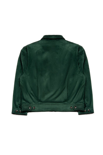 Green IOEDLE Headlight Jacket displayed on a hanger, showcasing its stylish design and vibrant color.