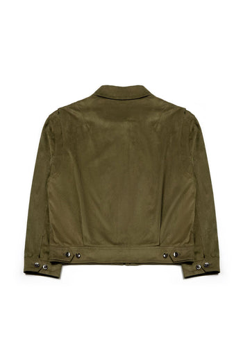 Olive Headlight Jacket by IOEDLE displayed on a hanger, showcasing its stylish design and lightweight fabric.